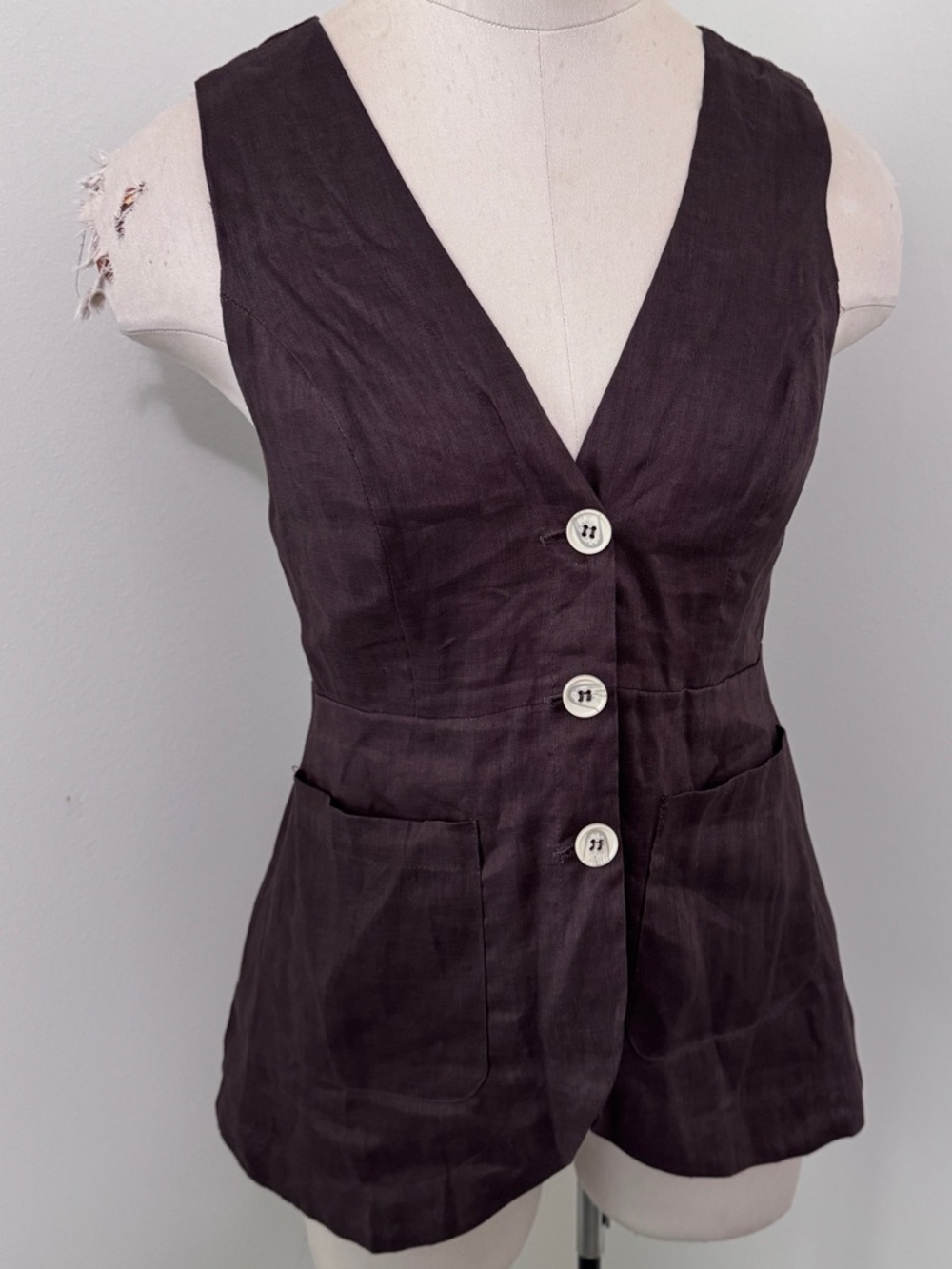 Olivaceous Small 100% Linen Brown Button Front Vest ~ Lagenlook Academic Preppy